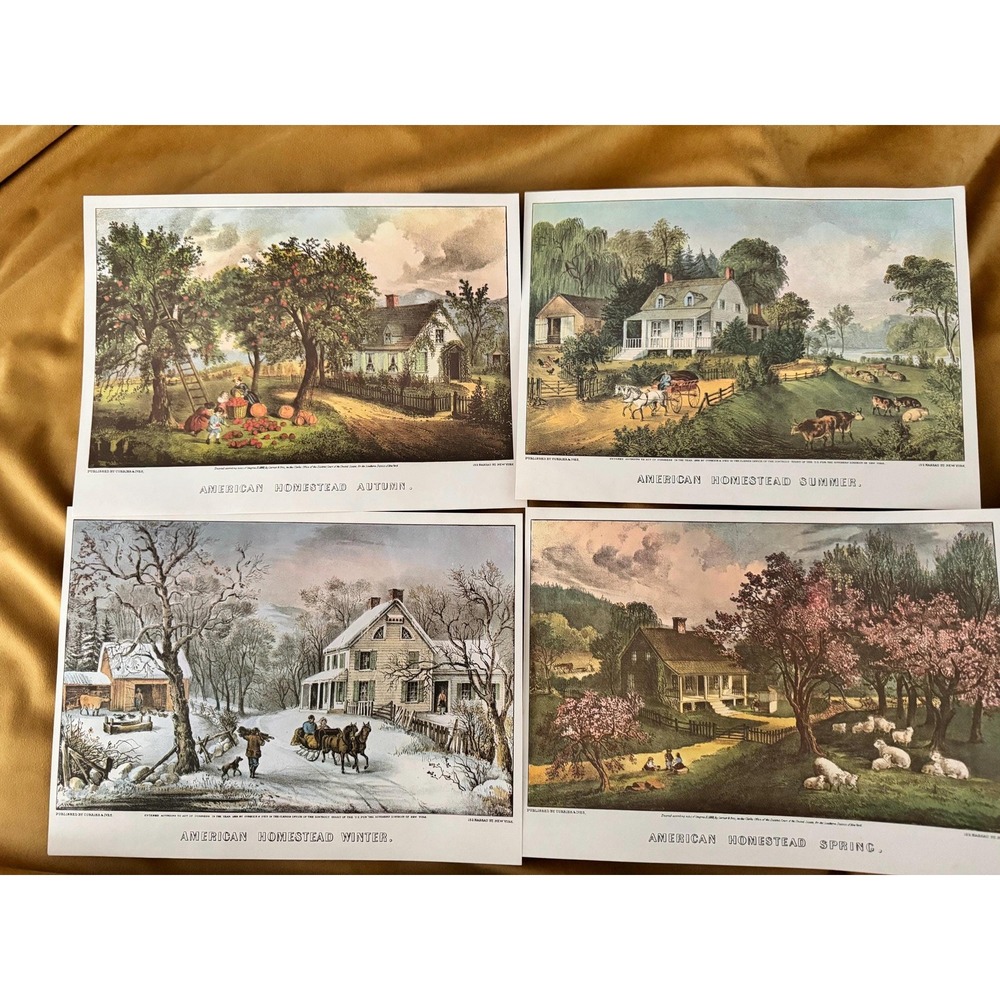 Vintage American Homestead Prints Set | Currier & Ives Style Lithographs